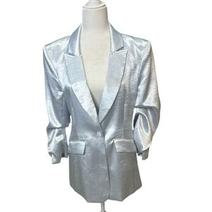 Cinq a Sept Cheyenne Hammered Shimmering Ice Blue Silver Scrunch Sleeve Blazer